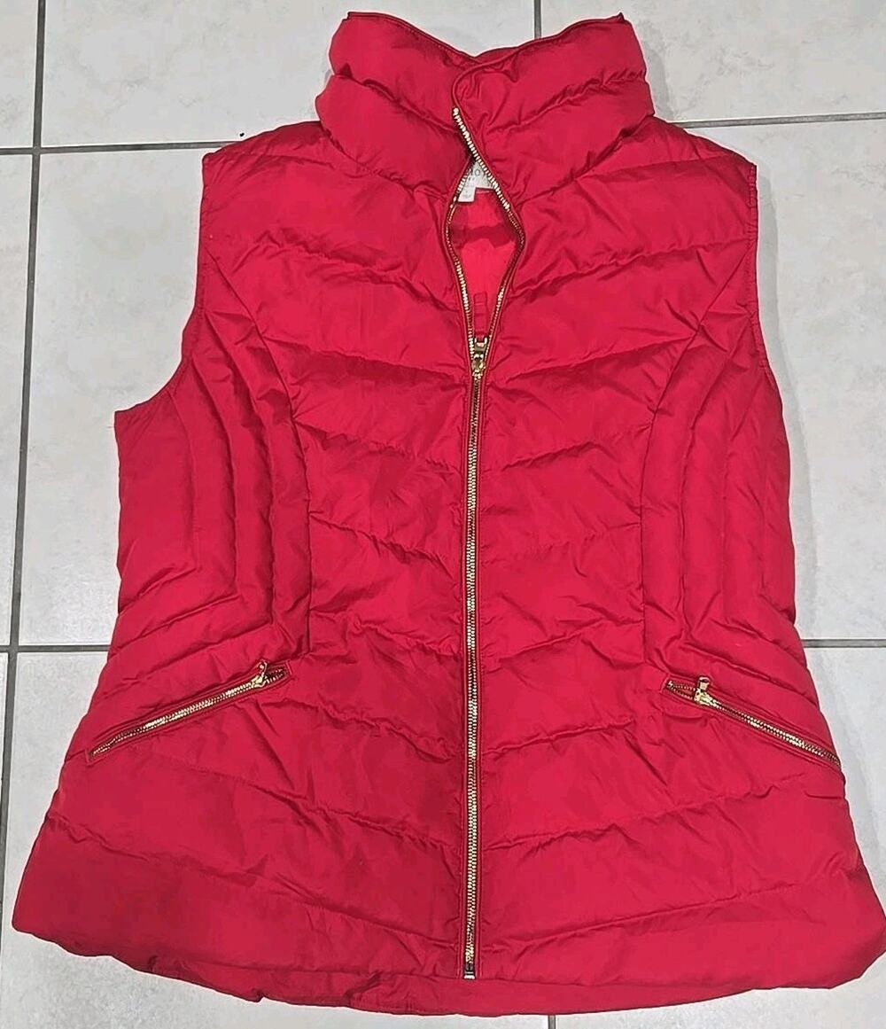 Talbots Womens L Red Down Feather Puffer Vest Long Gold Zip Lightweight #0274